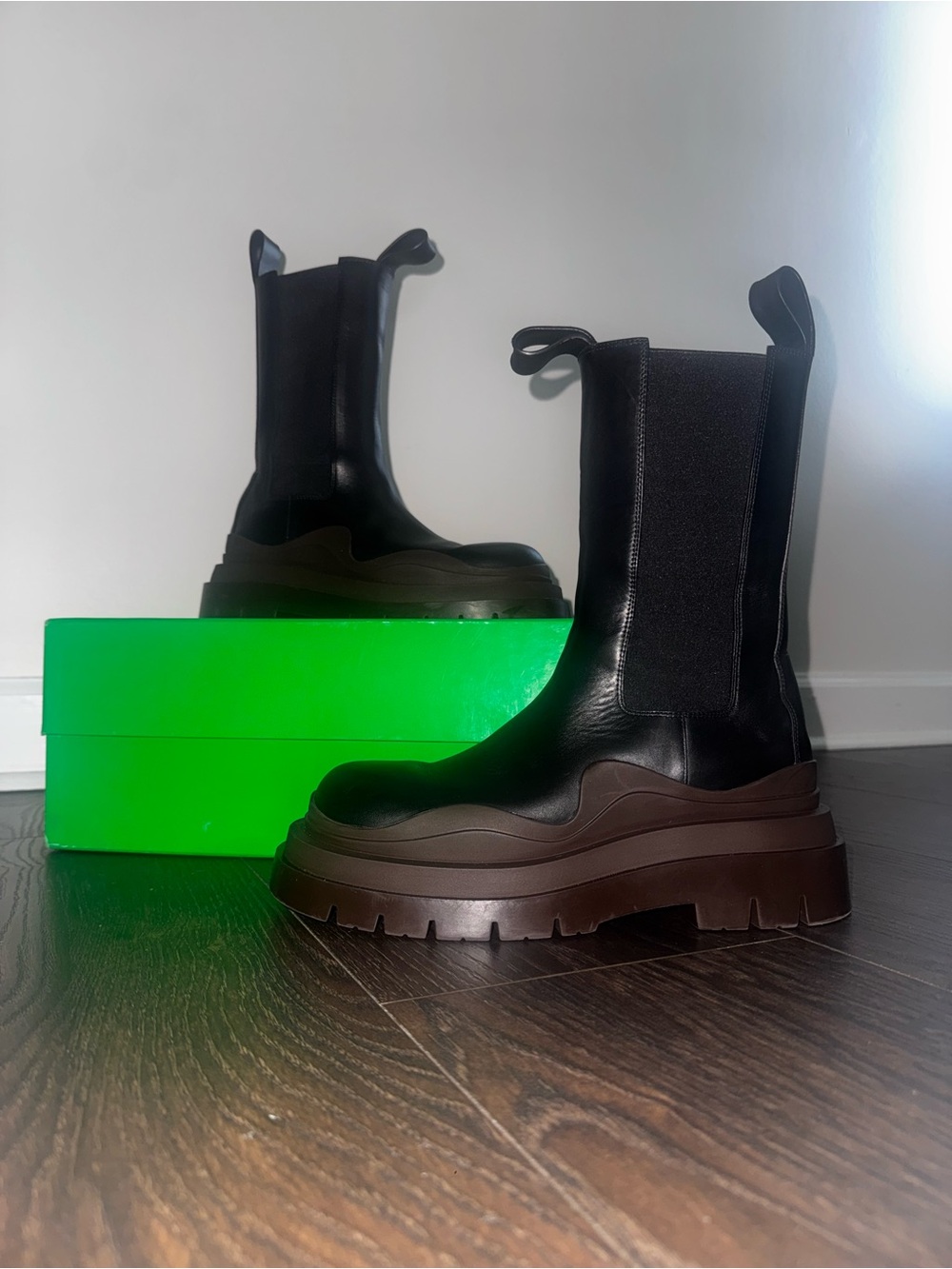 Bottega Veneta Black Leather Lug Boots with Brown Platform